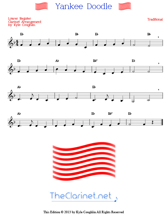 Yankee Doodle for the clarinet, printable PDF in the lower register