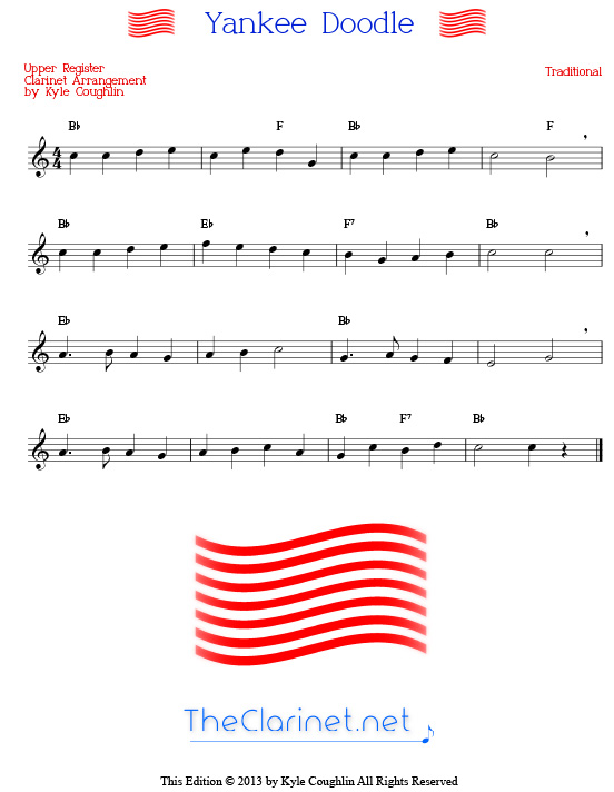 Yankee Doodle for the clarinet, printable PDF in the upper register